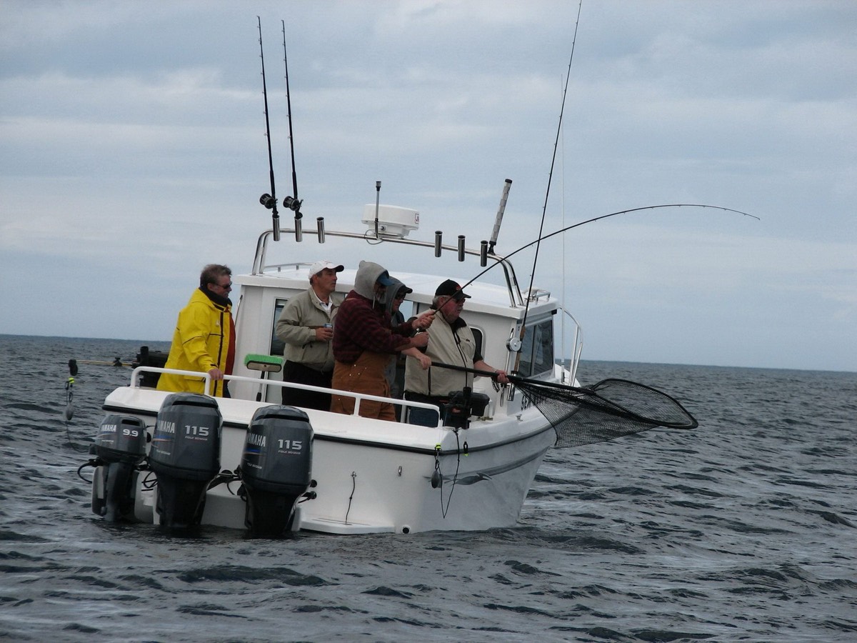 A guide reaching out with the landing net as a group plays a fish beside a cabin cruiser (placeholder photo)