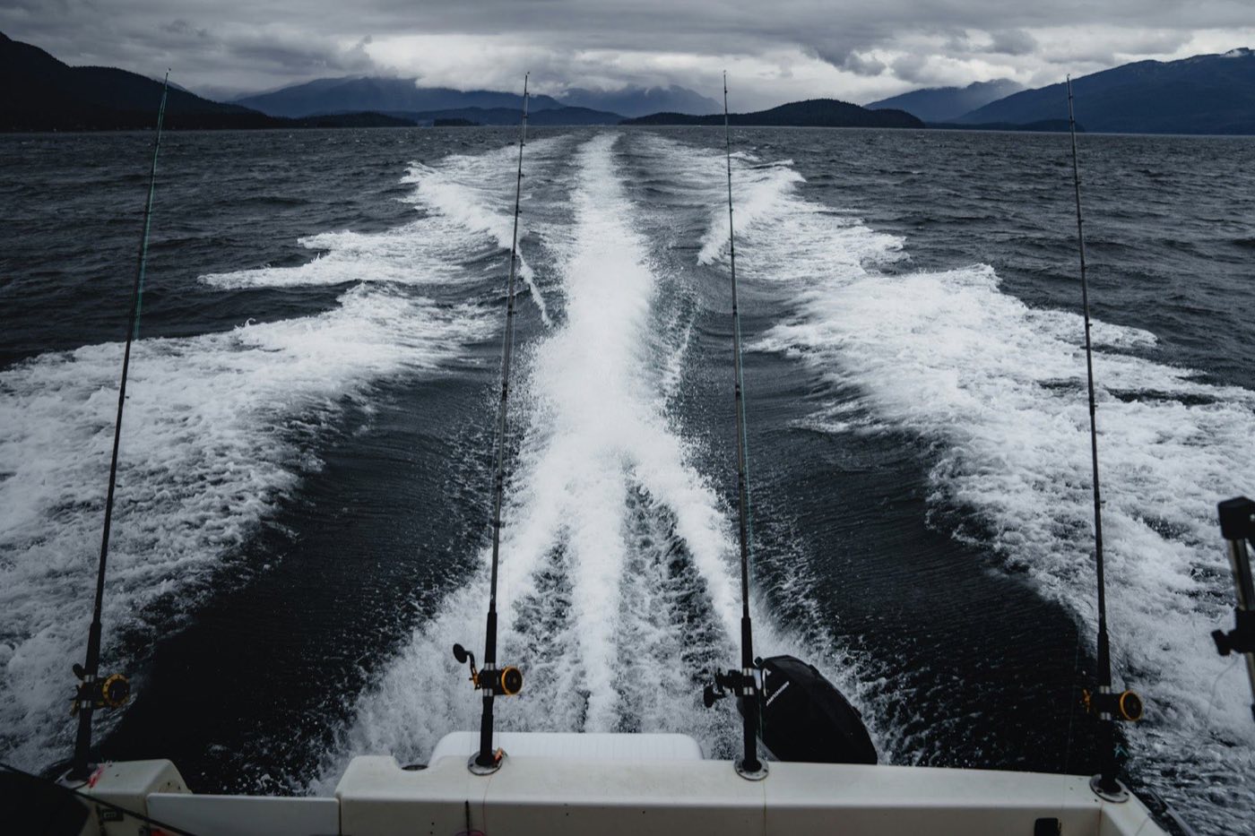 Trolling rods set off the stern of a boat running through dark coastal water (placeholder photo)